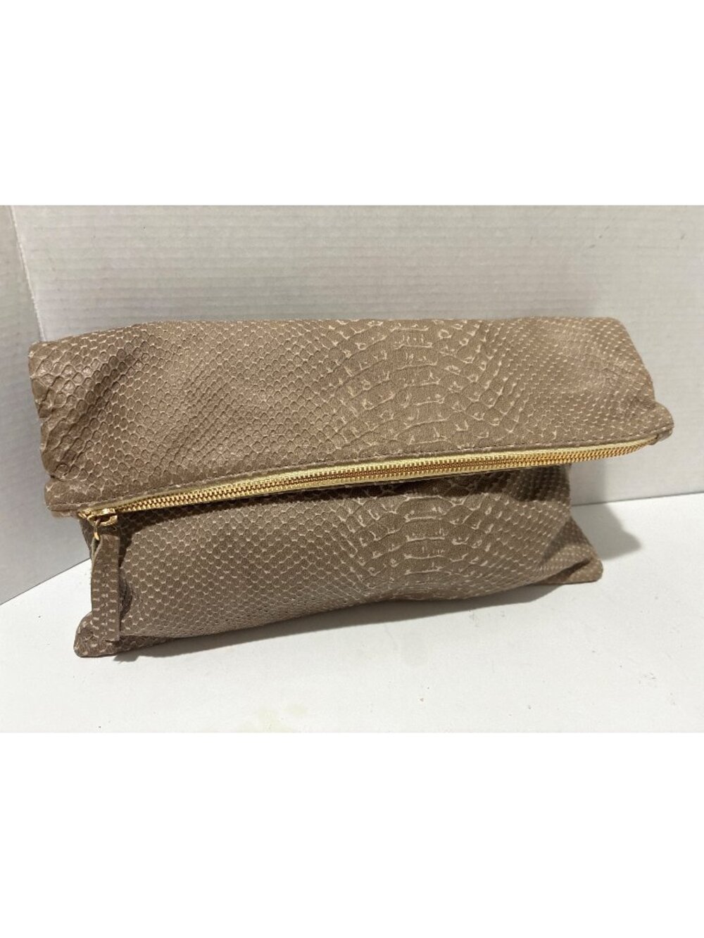 Clarevivier foldover clutch in taupe snake-embossed leather gold-tone zipper